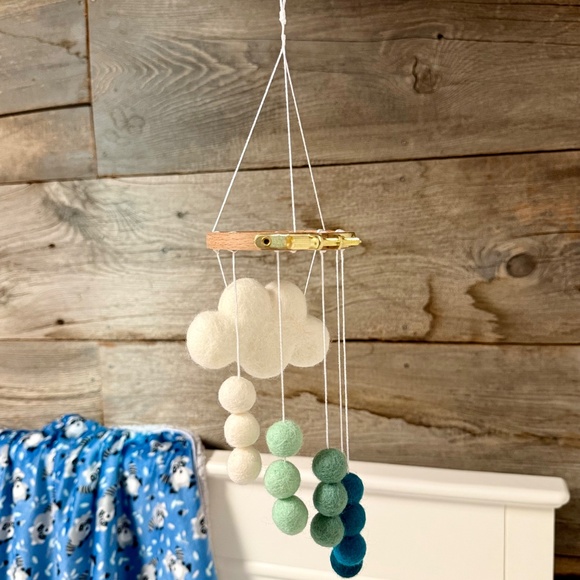 Handmade Mini Baby Mobile- Felt Cloud with Blue Rainstorm Poms - Picture 6 of 8